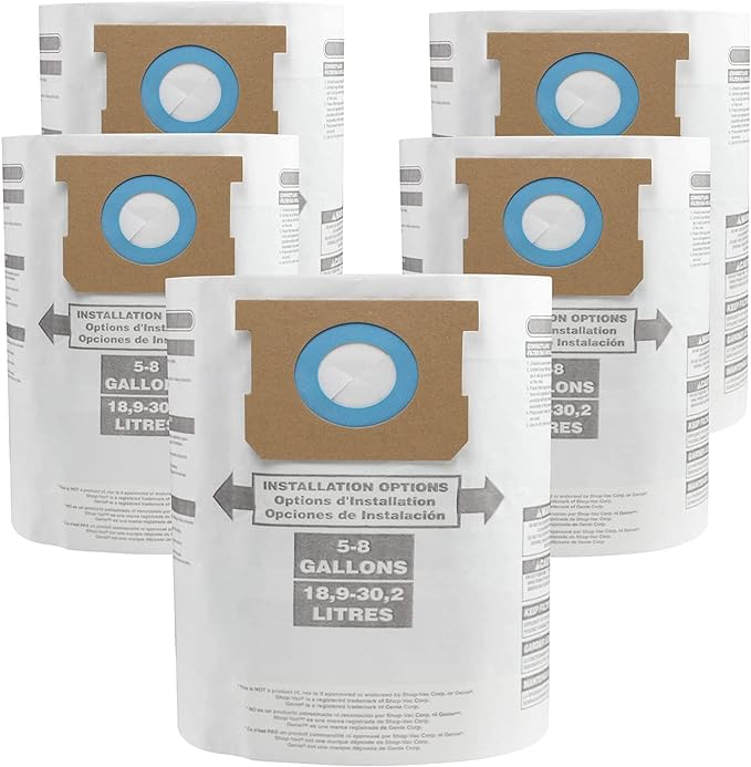 for Shop Vac Bags 5-8 Gallon, Type E 90661 9066133, Type H 90671 9067133; VF2004, VHBS VDBS High- Efficiency Disposable Vacuum Collection Filter Bags 5 Pack