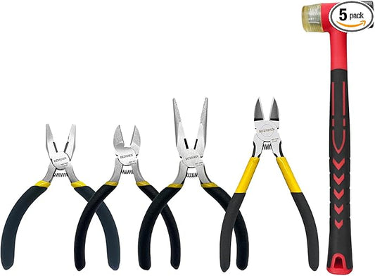BOOSDEN 5-Piece Pliers Set Including 25mm Rubber mallet, 5" Wire Cutters, 5" Needle Nose Pliers, 5" Diagonal Cutters, 5" Linemans Pliers for DIY & Home Use