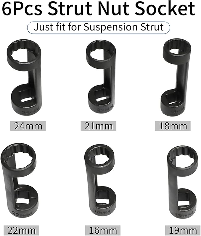 Strut Nut Socket 16mm 18mm 19mm 21mm 22mm 24mm with 12 Point 1/2" Drive Suspension Strut Spreader Socket 8pc Shock Absorber Tool