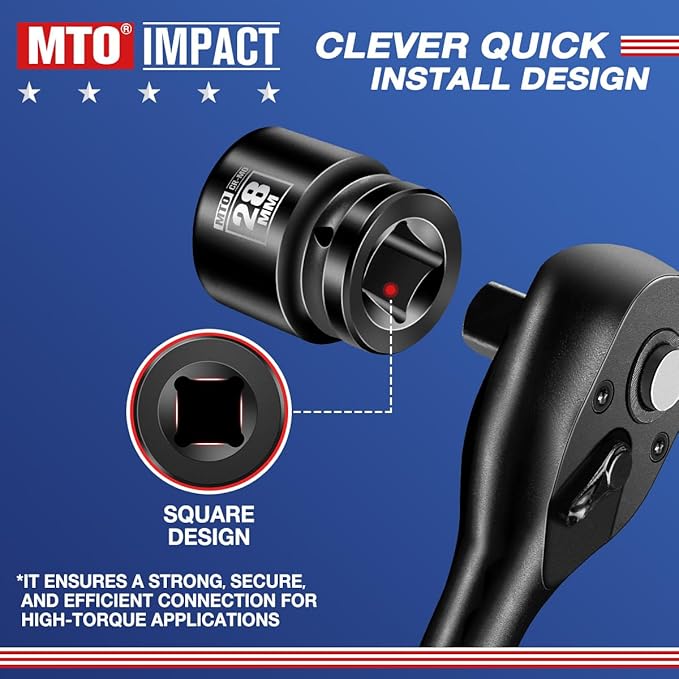 MTO 1/2" Drive 28mm Shallow Impact Socket, 6-Point Metric Socket, CR-MO Steel & Anti-Corrosion Coating for Tight Spaces and Heavy-Duty Tasks