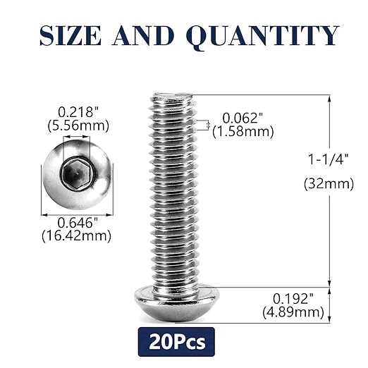 3/8-16 x 1-1/4" Button Head Socket Cap Bolts Screws, 20Pcs 304 Stainless Steel 18-8, Allen Hex Drive, Bright Finish by SG TZH(with Hex Spanner)