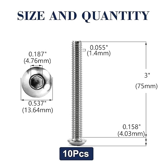 5/16-18 x 3" Button Head Socket Cap Bolts Screws, 10Pcs 304 Stainless Steel 18-8, Allen Hex Drive, Bright Finish by SG TZH(with Hex Spanner)