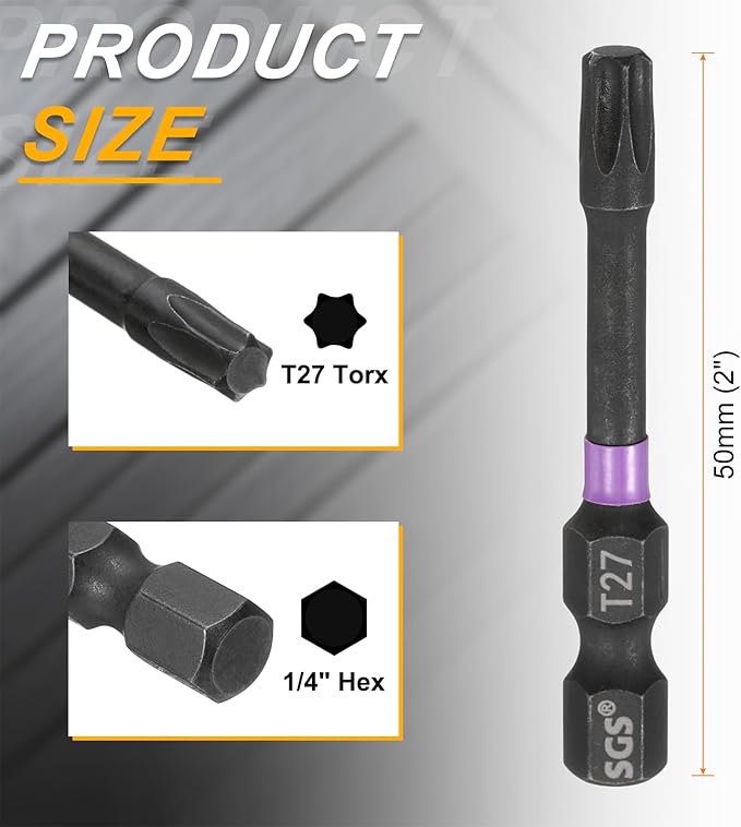 HARFINGTON 5pcs T27 Torx Head Impact Screwdriver Bits 1/4" Hex Shank 2" (50mm) Long Magnetic No Hole Tamper Proof 6 Point Star Screw Driver Drill Bits Phosphate S2 Steel Power Tools