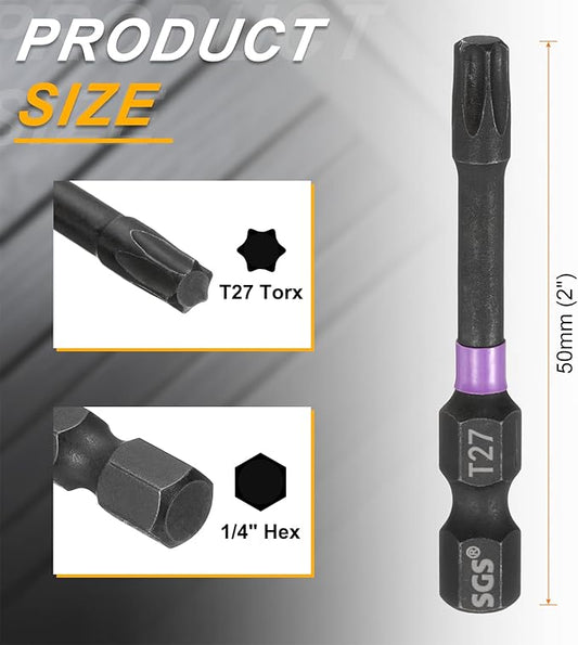 HARFINGTON 5pcs T27 Torx Head Impact Screwdriver Bits 1/4" Hex Shank 2" (50mm) Long Magnetic No Hole Tamper Proof 6 Point Star Screw Driver Drill Bits Phosphate S2 Steel Power Tools