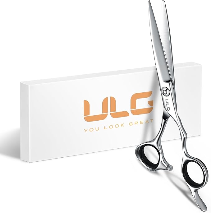 ULG Professional Hair Cutting Scissors 6.5 Inch ??Japanese Stainless Steel Barber Shears for Salon & Home Haircut, Ergonomic Offset Handles with Silencer, Hand-Honed Sharp Blades, Silver