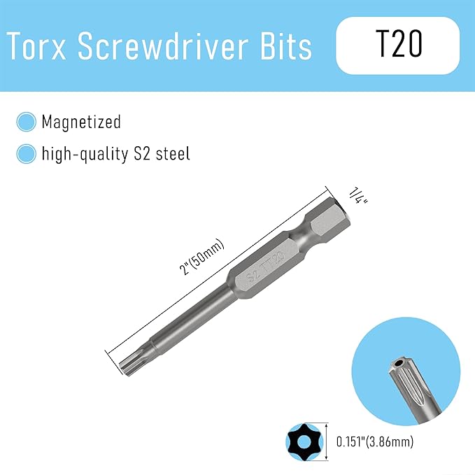 5PCS T20 Magnetic Tamper Proof Torx Screwdriver Bits, 1/4 Inch Hex Shank 2 Inch Length S2 Steel Security Drill Torx Head Drill Screw Driver Tools(50mm Long, Star 6 Point)