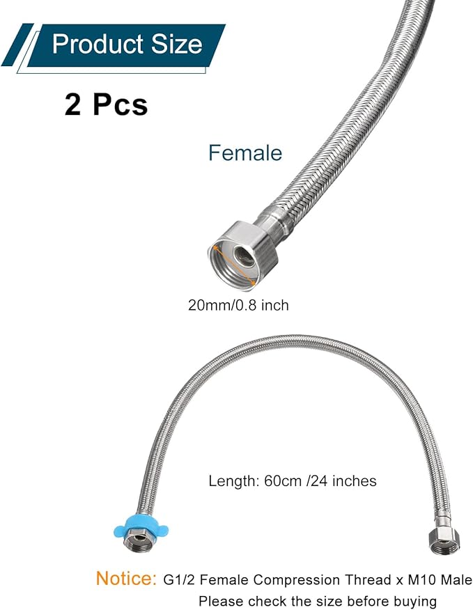 uxcell 2Pcs 24" Faucet Supply Lines Connector Stainless Steel Braided Long Faucet Connector G1/2 Female Compression Thread x G1/2 Female Straight Thread for Kitchen Sink Bathroom (Silver)
