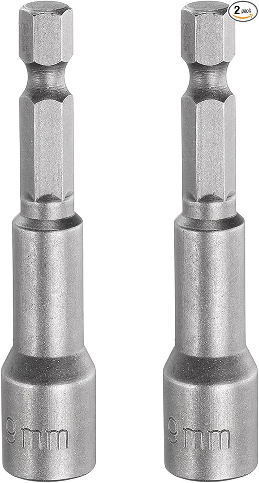 HARFINGTON 2pcs Nut Driver Drill Bit 9mm Metric Socket 1/4" Hex Shank 2.56" (65mm) Long Magnetic 6-Point Sockets Quick Change CR-V Steel Bolt Setters for Power Drill Drivers