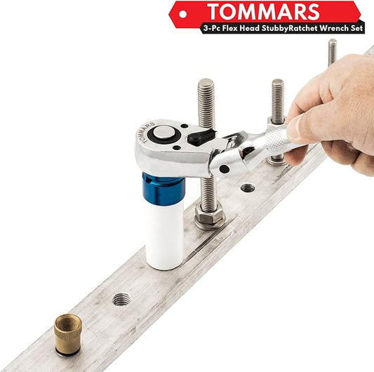 TOMMARS Flex-Head Stubby Ratchet Set, 1/4", 3/8", 1/2" Drive Flexible Mini Small Ratchet Handle Wrench 72-Tooth Quick-Release Reversible Gift for Men Mechanic Hand Tools
