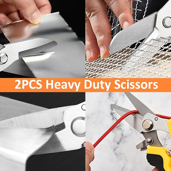 2PCS Scissors All Purpose, Tin Snips for Cutting Metal Sheet, Heavy Duty Industrial Shears, Stainless Steel Serrated Blade, Easy Cutting Wires, Cardboard, Leather, Iron Mesh