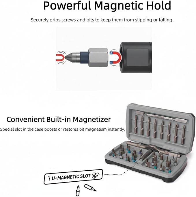 Magnetic Ratchet Screwdriver Set with T-Handle, Multi-Bit Ratcheting Screwdriver Tool Kit for Electronics, Furniture, Computer, Bicycle, and DIY Repair(Grey)