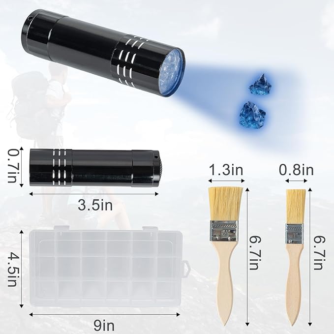 12PCS Geology Rock Pick Hammer Kit, Gold Mining & Prospecting Equipment Tool, including Hammer, Wooden Chisel, magnifying glass, Whistle, goggles, 5pcs wooden pottery knives
