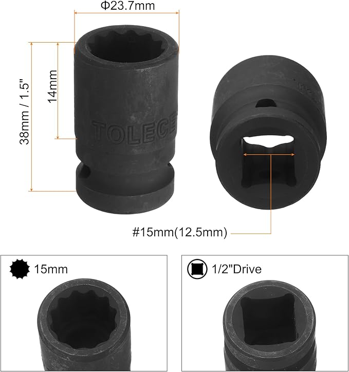 uxcell 1/2" Drive x 15mm Shallow Impact Socket 12-Point Metric CR-MO Steel Nut Impact Grade Socket for Auto Repair