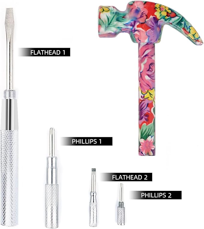 YOUMI 6 in 1 Multifunctional Floral Hammer & Screwdriver Tool Set Claw Hammer with Slotted/Flat Head Phillips Screwdriver Nail Puller Best Christmas Thanksgiving Halloween Gift for Her(Pink)