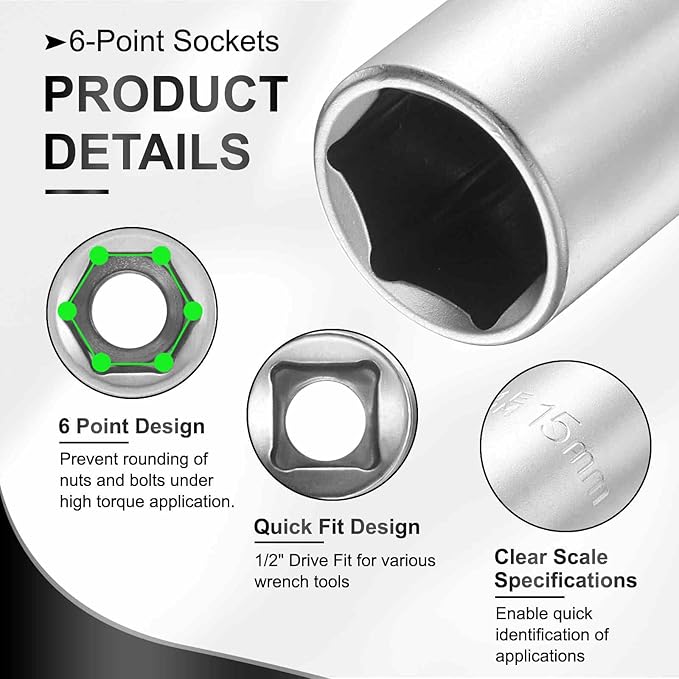 HARFINGTON 2pcs 6 Points Deep Socket 1/2" Drive 15mm Deep Metric CR-V Steel Polished Nickel Plating Flip Sleeve 120mm / 4.7" Extra Long Socket Tool for Home Auto Nuts Bolts Repair