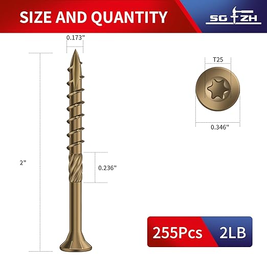 #8 x 2 Inch Deck Screws (255Pcs) 2lb. Carbon Steel, Yellow, Flat Head, Rust Resistant epoxy Coated, with T25 Star Bit
