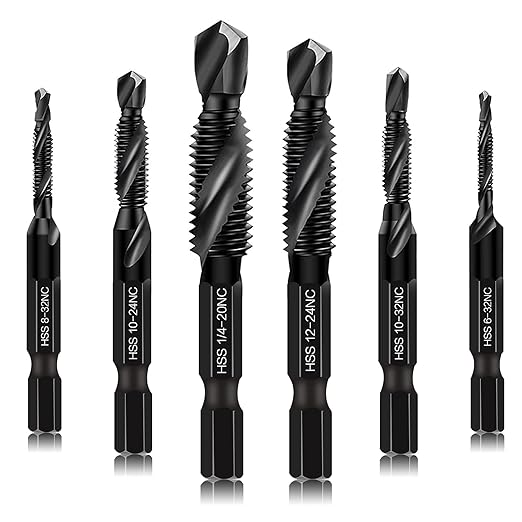 6 Packs Combination Drill & Taps Bit Set, Screw Tapping in SAE Size 6-32nc 8-32nc 10-32nc 10-24nc 12-24nc 1/4-20nc with Anti-Rust Black Coating, 1/4??Hex Shank and Storage Case