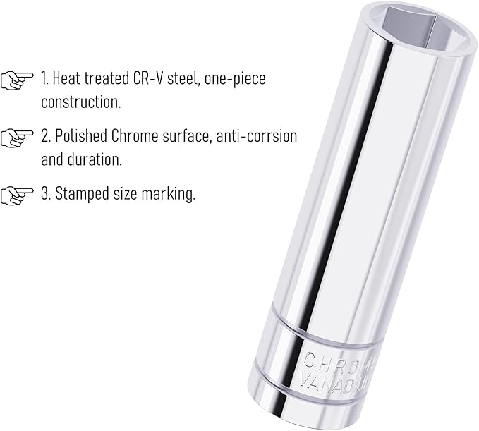 20mm Deep Socket, 1/2 Inch Drive, 6-Point, Metric, Heat Treated CR-V Steel Sockets, Full Polishing, 3.1 Inch Length