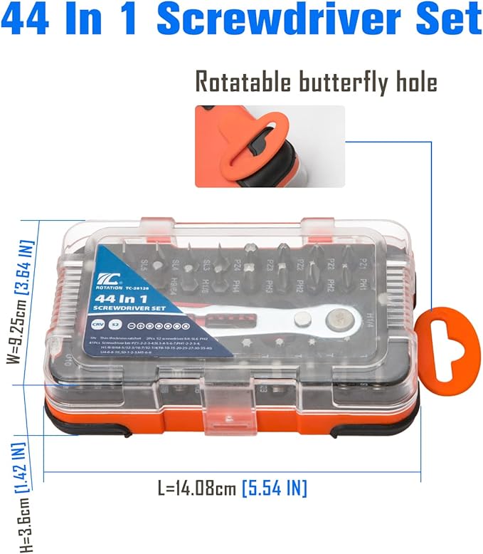 ROTATION 44pc Bit Set with 1/4 Mini Ratchet Offset Screwdriver, Portable Case, CR-V Steel, Drive Handle & Multi Hex/Phillips/Slotted/Torx/Star Bit