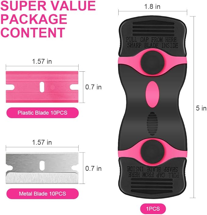 Ainiv Razor Blade Scraper, 2-in-1 Scraper Tool with 10PCS Metal Blades and 10PCS Plastic Blades, Multi-funtional Cleaning Razor Scraper for Decals, Stickers, Labels, Caulk, Adhesive Removal(Pink)