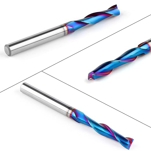 5PCS Upcut Spiral Router Bit 1/4 inch Shank, 1/4 inch Cutting Diameter, Extra Long 3 inch Solid Carbide with Nano Blue Coating CNC Router Bits End Mill for Wood Cut, Carving