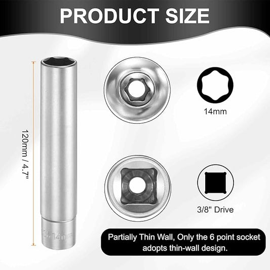 HARFINGTON 2pcs 6 Points Deep Socket 3/8" Drive 14mm Deep Metric CR-V Steel Polished Nickel Plating Flip Sleeve 120mm / 4.7" Extra Long Socket Tool for Home Auto Nuts Bolts Repair