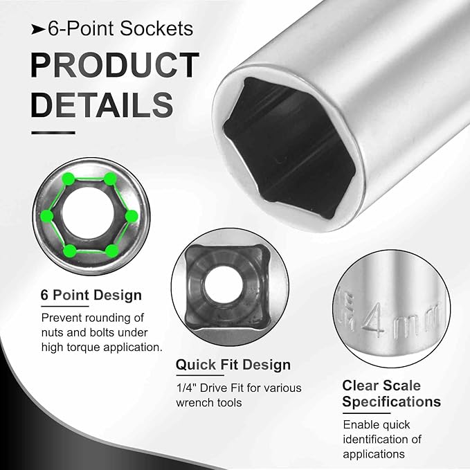 HARFINGTON 6 Points Deep Socket 1/4" Drive 4mm Deep Metric CR-V Steel Polished Nickel Plating Flip Sleeve 50mm / 2" Extra Long Socket Tool for Home Auto Nuts Bolts Repair
