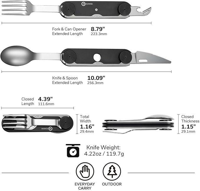 CIVIVI Partake 4-in-1 Camping Utensil, Detachable Stainless Steel Folding Knife, Fork, Spoon & Bottle Opener Multi-Tool, with Waxed Canvas Pouch for Travel Camping Hiking C24032C-1, Black