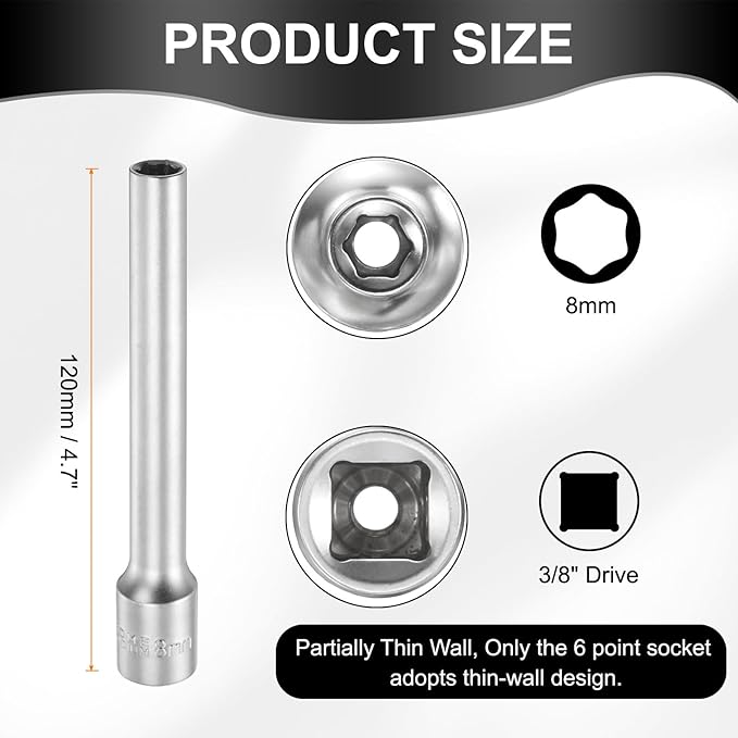 HARFINGTON 6 Points Deep Socket 3/8" Drive 8mm Deep Metric CR-V Steel Polished Nickel Plating Flip Sleeve 120mm / 4.7" Extra Long Socket Tool for Home Auto Nuts Bolts Repair