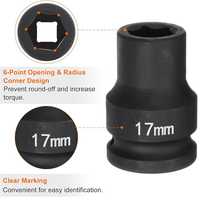 HARFINGTON 6-Point Impact Socket 3/4" Drive 17mm Metric 40Cr Alloy Steel Spindle Axle Nut Impact Socket