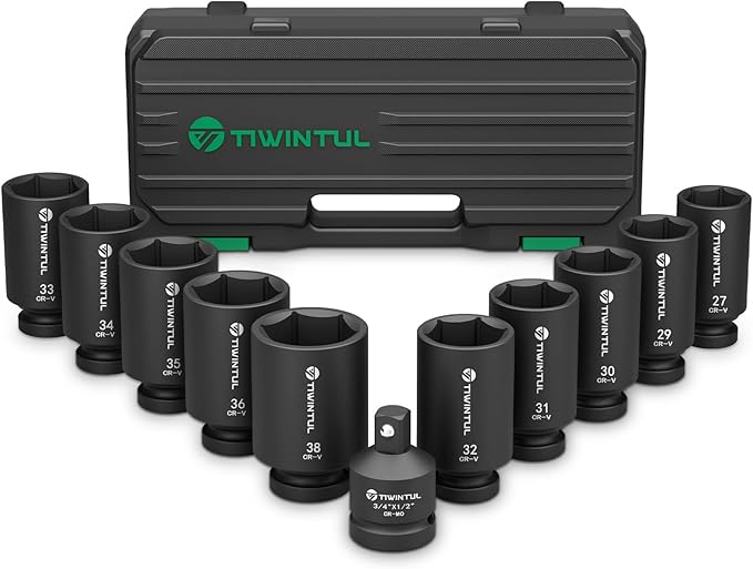 11-Piece Axle Nut Socket Set, Metric 1/2 Impact Socket 27mm-38mm, CR-MO 3/4"-1/2" Adapter, 6-Point Deep Socket Set for Installing and Removing Axle Nuts, with Portable Storage Case