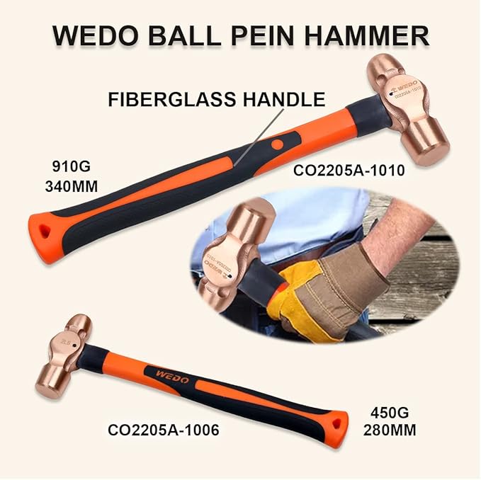 WEDO Copper Hammer Set 5PCS Sledge Hammer (3lb) Drum Type Hammer (1-1/2lb) Ball Peen Hammer (1lb&2lb) Scaling Hammer (300g), Long Straight Fiberglass Handle, Copper Head