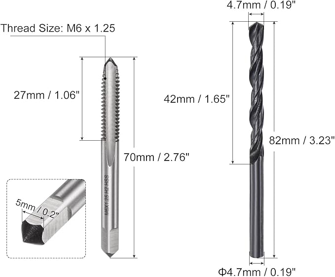 uxcell Metric Tap and Drill Bit Set, M6 x 1.25 Thread Tap & 4.7mm Black Oxide Twist Drill Bit, Straight Flute Tap Tapping Threading Repair Tool Kit