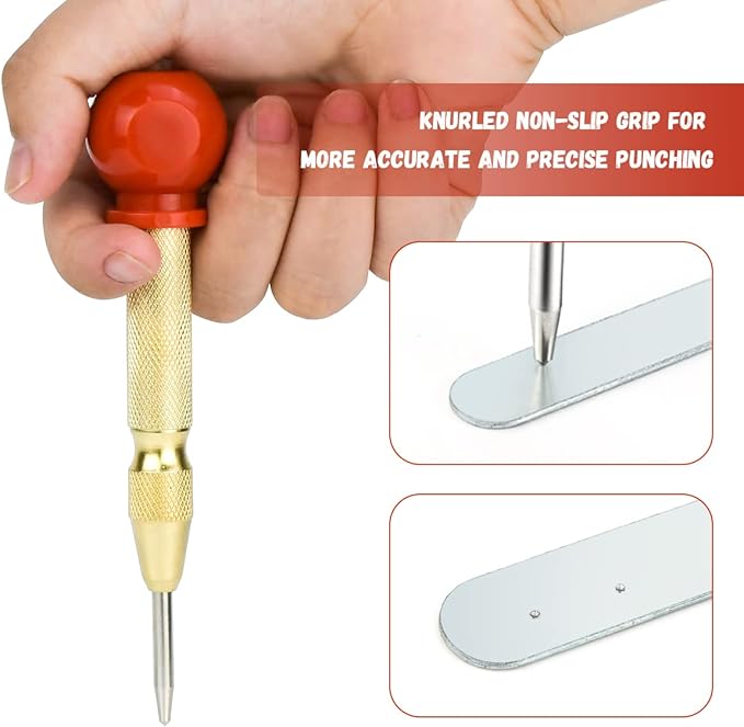 2 Pack Automatic Center Punch, 5 Inch Crushing Hand Tool Spring Punch with Cushion Cap, Metal Impact Center Hole Punch for Metal Wood Glass Plastic(Gold)