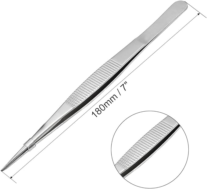 uxcell 5 Pcs 7-Inch Stainless Steel Straight Pointed Tweezers with Serrated Tip Daily Garden Tool