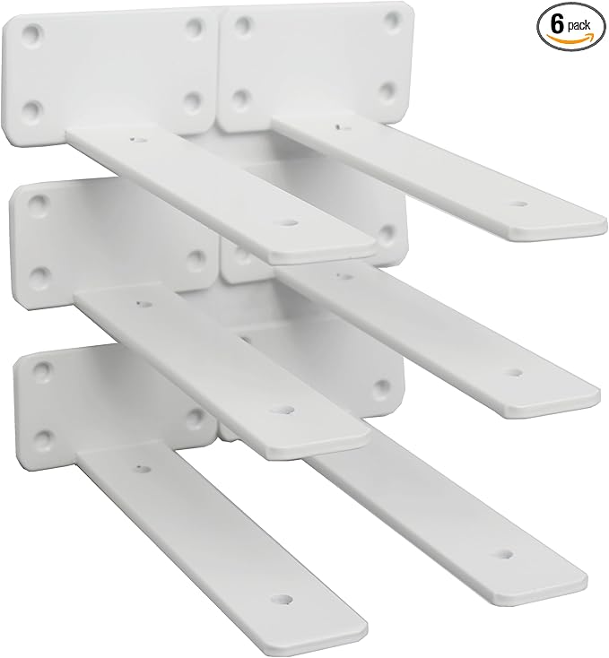 6 Pack - 7 inch White Hidden L Shelf Bracket (1/5 Inch Thicked) Iron Floating Shelf Brackets Rustic Industrial Metal Brackets for Shelf Support