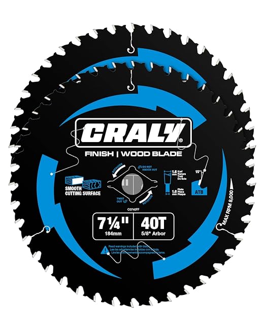 CRALY 7-1/4 Inch 40 Teeth Fine Finish Wood Cutting Circular Saw Blade, 5/8 Inch Arbor, Carbide Tipped, Thin Kerf, Black Ice™ Coating, for Plywood, MDF, OSB, Laminated, 2-Pack(C0740FF-2)