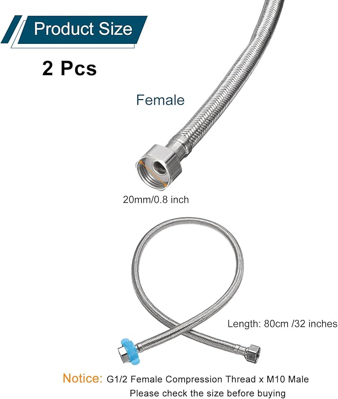 uxcell 2Pcs 32" Faucet Supply Lines Connector Stainless Steel Braided Long Faucet Connector G1/2 Female Compression Thread x G1/2 Female Straight Thread for Kitchen Sink Bathroom (Silver)