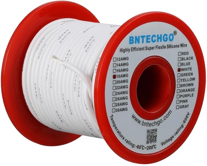 BNTECHGO 18 Gauge Silicone Wire Spool 100 ft White Flexible 18 AWG Stranded Tinned Copper Wire