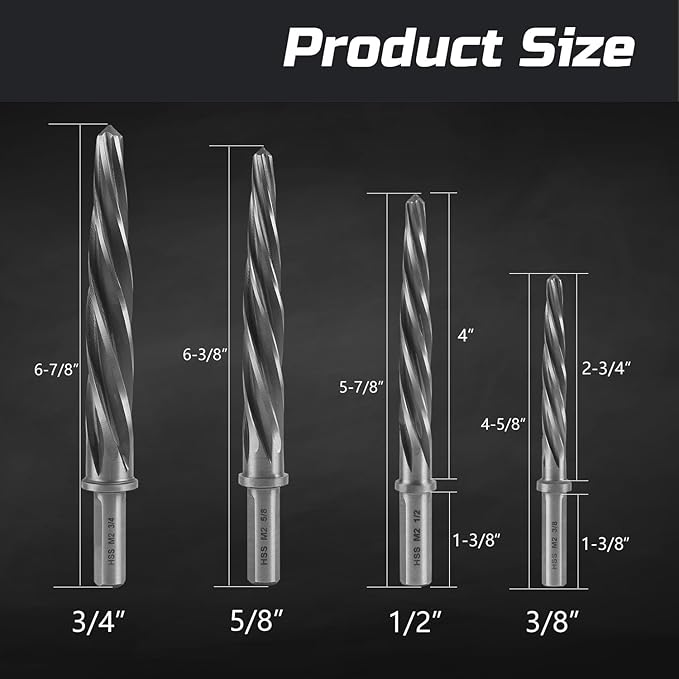 Lichamp 4 Piece Reamers Set for Metal, Taper Reamer Drill Bit for Steel for 3/8 1/2 5/8 3/4 inches Hole M2 HSS Chucking Bridge Steel Reamers
