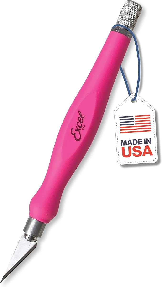 Excel Blades Fit Grip Craft Knife With #11 Ultra-Sharp Carbon Steel Angled Blade ??Precision Hobby Knife with Contoured Rubberized Grip for DIY, Art Crafts, and Model Projects ??Pink, Made in the USA