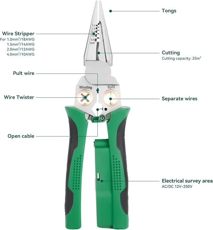 8 In 1 Wire Stripper With Voltage Tester, Multi-Function Electric Wire Stripping Tool For Cutting And Pulling Pliers, Electrician Repair Tool, Wire Strippers Electrical (Green)