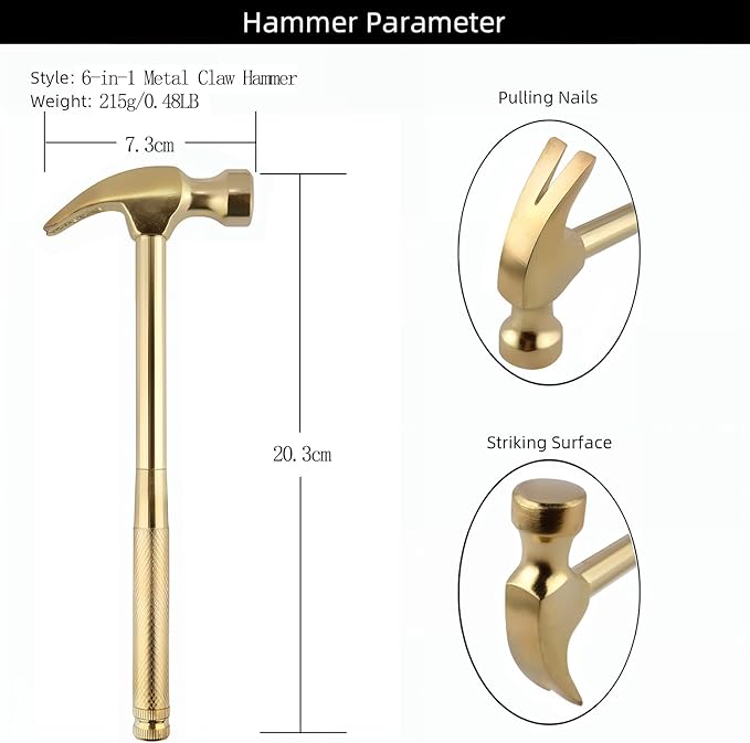 Multifunction Hammer 6 in 1 with Slotted/Flat Head Phillips Screwdriver Claw Hammer Manual, Portable Metal Mini Tool Hammer (Gold)