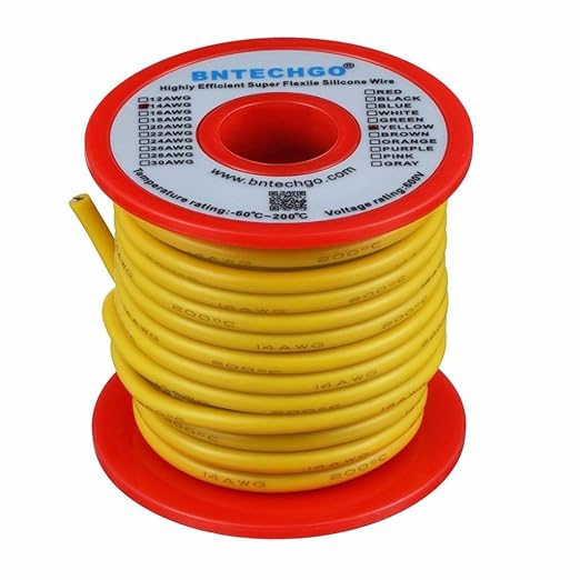 BNTECHGO 14 Gauge Silicone Wire Spool 40 ft Yellow Flexible 14 AWG Stranded Tinned Copper Wire