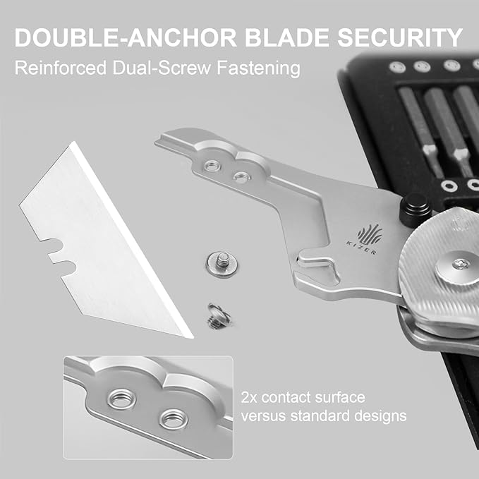 Kizer Uti Bear(New Dual-screw Version) Folding Utility Knife, Clutch Lock Box Cutter EDC Pocket knife with 5PCS Razor Blades, Pocket Knives with Pocket Clip for Men Women V3619JA5