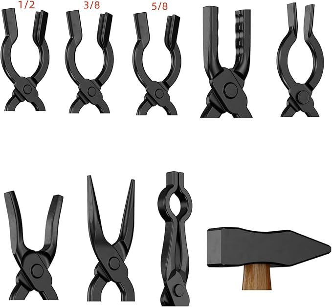 Blacksmith Tongs Set,9PCS Blacksmith Forge Kit for Beginner and Seasoned Blacksmiths, Craftsmen and Bladesmiths