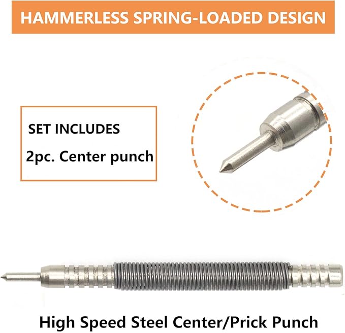 2-Piece Spring Loaded Center Punch Hammerless Single Ended Centering Center Punch, 3500 PSI Striking Force Hit Punch Tool for Metal Wood