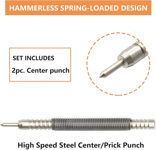 2-Piece Spring Loaded Center Punch Hammerless Single Ended Centering Center Punch, 3500 PSI Striking Force Hit Punch Tool for Metal Wood