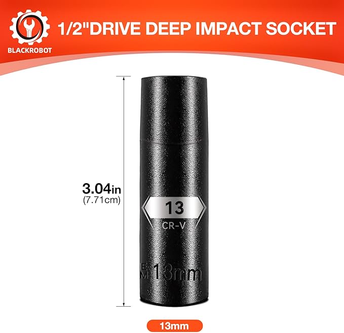 BLACKROBOT 1/2 Inch Drive 6-Point Deep Socket, 13mm Deep Impact Socket, CR-V Steel