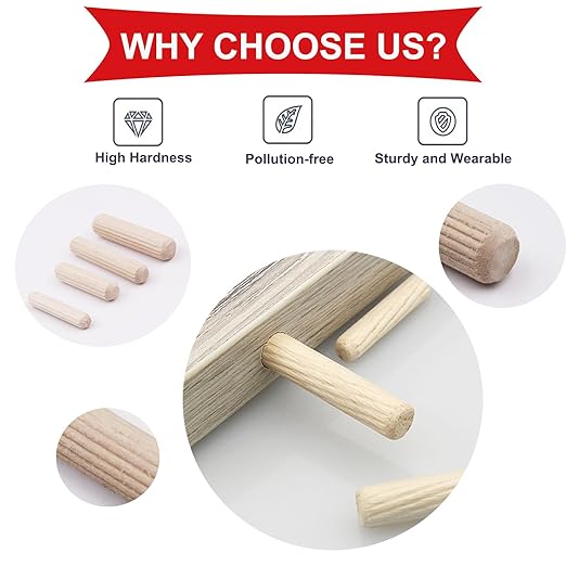 smseace Wooden Dowel Pins with Tapered End with Bevel Angle Groove Wood Pegs - 9 Sizes 6/25inch 5/16inch 3/8inch(6mm, 8mm, 10mm) Used for Crafts, Furniture, Door, DIY